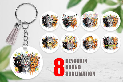 Keychain Summer Night Panic Cats Watercolor Sublimation artnoy 