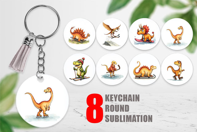 Keychain UglyCute Dinosaur Winter Sports Watercolor Art Sublimation artnoy 