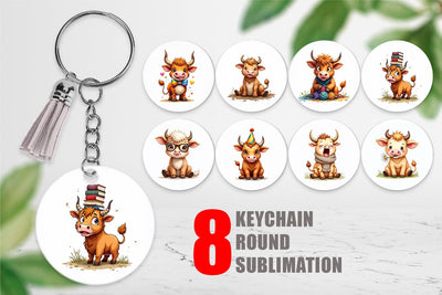 Keychain UglyCute Highland Cow Watercolor Quirky Farm Friends Sublimation artnoy 