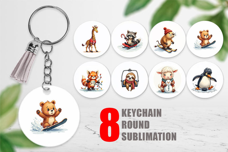 Keychain UglyCute Winter Sports Animals Watercolor Sublimation artnoy 