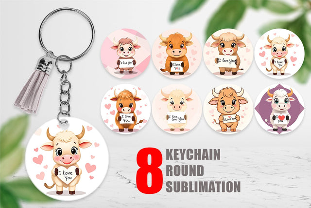 Keychain Valentine Highland Cow Cartoon Sublimation artnoy 