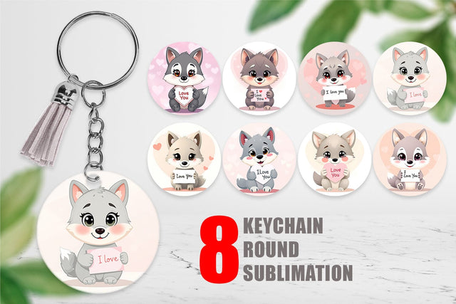 Keychain Valentine Wolf Cartoon Sublimation artnoy 