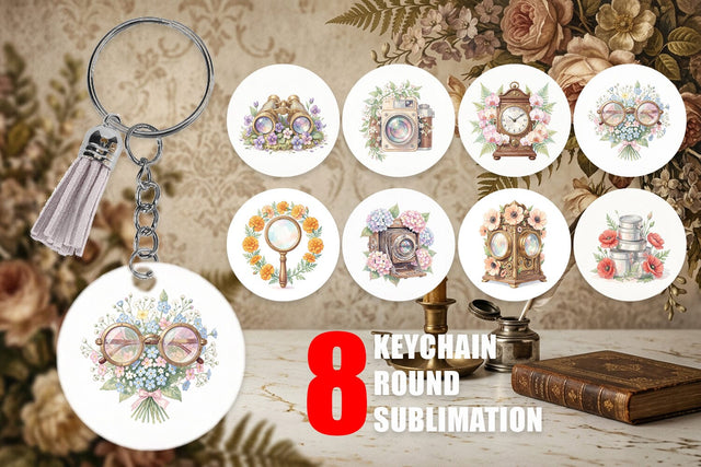 Keychain Vintage Camera And Floral Watercolor Sublimation artnoy 