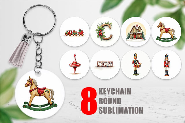Keychain Vintage Christmas Wooden Toys Watercolor Sublimation artnoy 