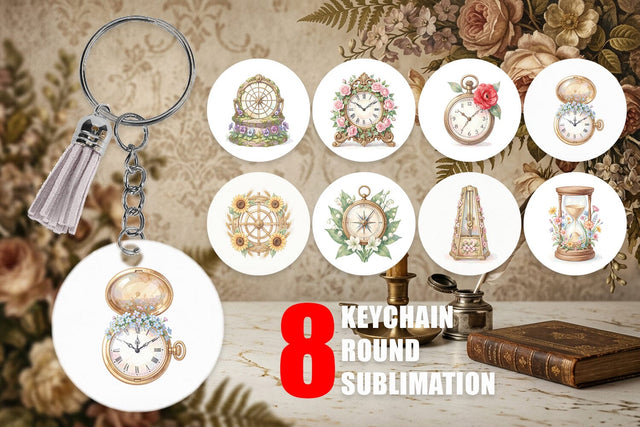 Keychain Vintage Clock And Floral Watercolor Sublimation artnoy 