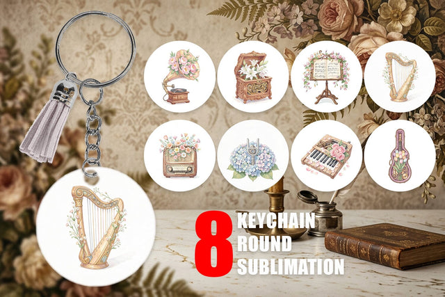 Keychain Vintage Music And Floral Watercolor Sublimation artnoy 