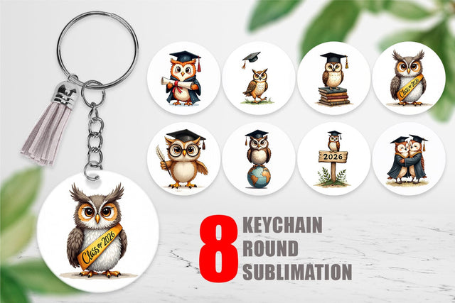 Keychain Vintage Watercolor Graduation Owls Sublimation artnoy 