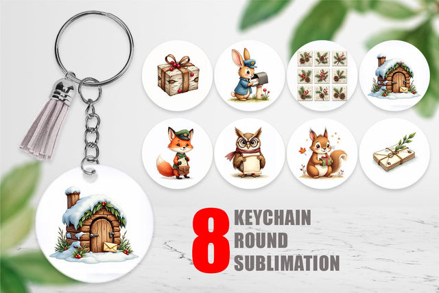 Keychain Vintage Woodland Christmas Post Office Watercolor Sublimation artnoy 