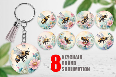 Keychain Watercolor Bee Flowers Sublimation artnoy 