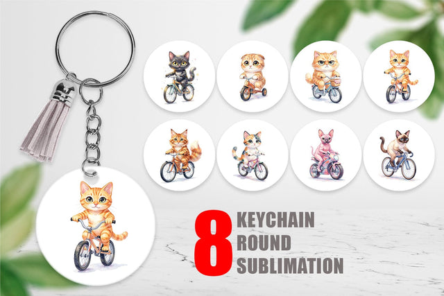 Keychain Watercolor Big Eye Cat Cyclist Art Sublimation artnoy 