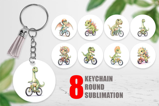 Keychain Watercolor Big Eye Dinosaur Biking Art Sublimation artnoy 