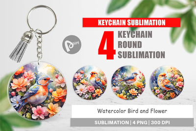 Keychain Watercolor Bird and Flower Sublimation artnoy 
