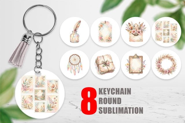 Keychain Watercolor Boho Floral Junk Journal Art Sublimation artnoy 