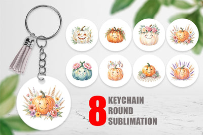 Keychain Watercolor Boho Floral Smiling Pumpkin Sublimation artnoy 