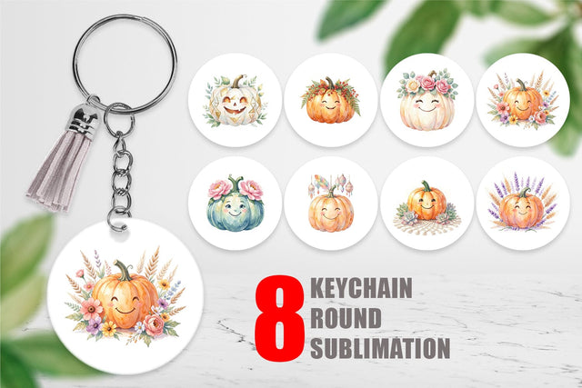 Keychain Watercolor Boho Floral Smiling Pumpkin Sublimation artnoy 