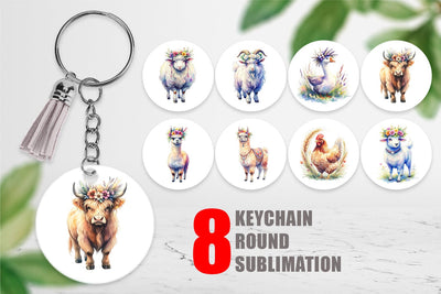 Keychain Watercolor Boho Highland Cow And Friends Sublimation artnoy 