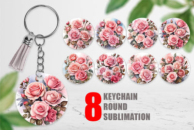 Keychain Watercolor Bouquet Pink Roses Sublimation artnoy 