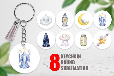 Keychain Watercolor Celestial Dreaming Moon Ghost Sublimation artnoy 