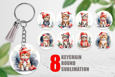Keychain Watercolor Christmas Cat Sublimation artnoy 