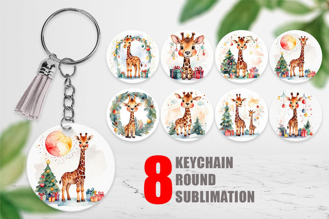Keychain Watercolor Christmas Giraffe Sublimation artnoy 