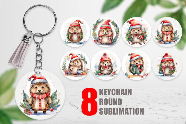 Keychain Watercolor Christmas Hedgehog Sublimation artnoy 