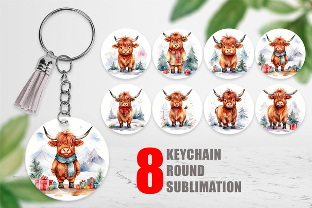 Keychain Watercolor Christmas Highland Cow Sublimation artnoy 