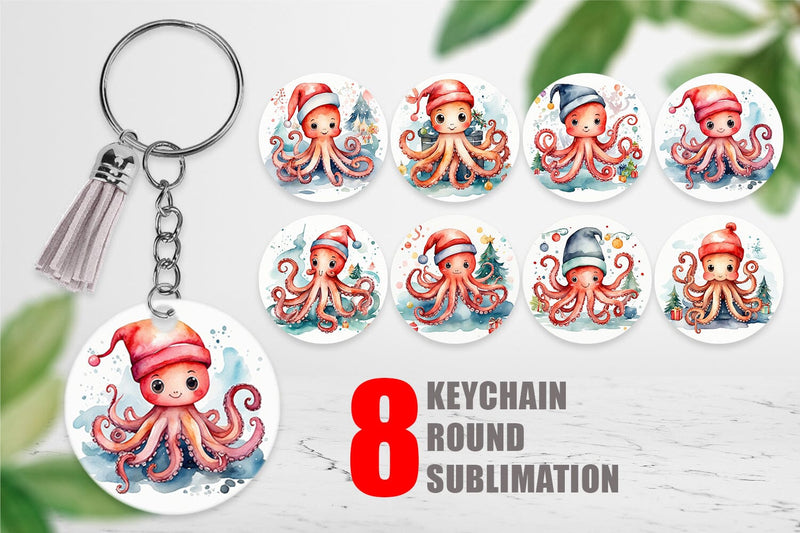 Keychain Watercolor Christmas Octopus Sublimation artnoy 