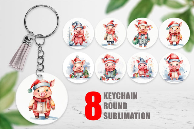 Keychain Watercolor Christmas Pig Sublimation artnoy 