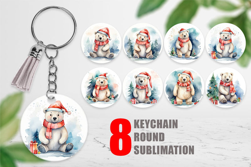Keychain Watercolor Christmas Polar Bear Sublimation artnoy 