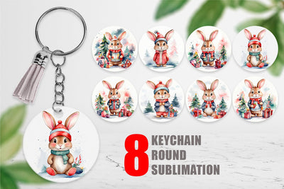 Keychain Watercolor Christmas Rabbit Sublimation artnoy 