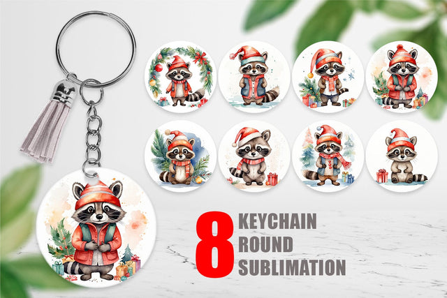 Keychain Watercolor Christmas Raccoon Sublimation artnoy 