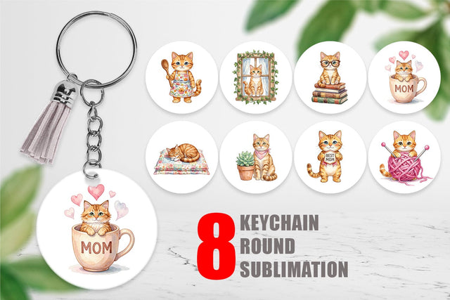 Keychain Watercolor Cozy Cat Mom Lifestyle Art Sublimation artnoy 