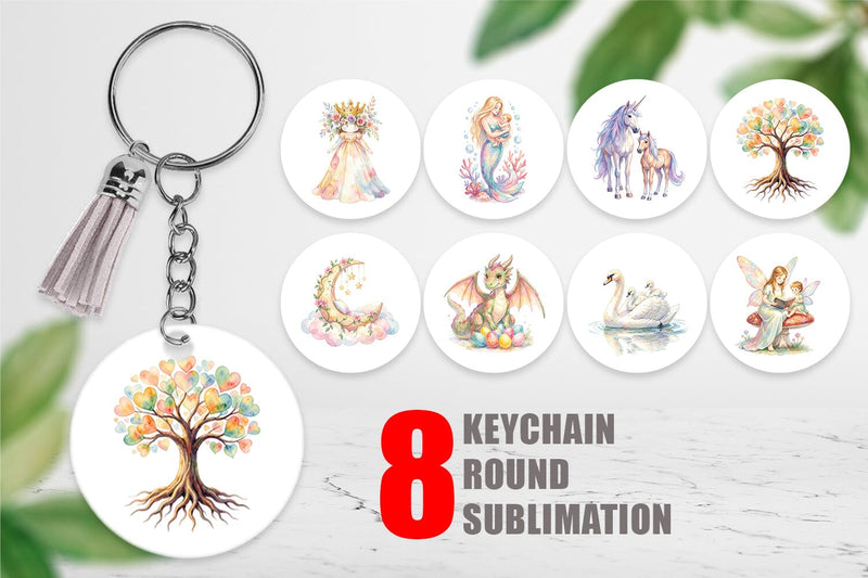 Keychain Watercolor Fantasy Mom And Baby Creatures Sublimation artnoy 