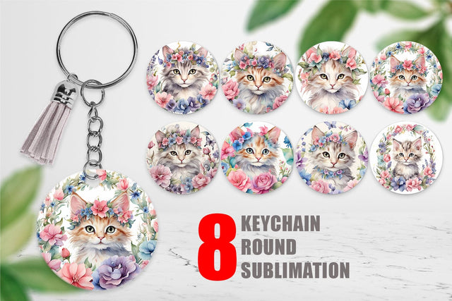 Keychain Watercolor Floral Cat Sublimation artnoy 
