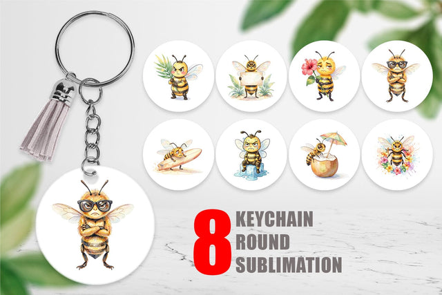 Keychain Watercolor Funny Grumpy Tropical Bee Sublimation artnoy 