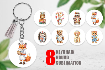 Keychain Watercolor Groovy Retro Animal Nurse Sublimation artnoy 