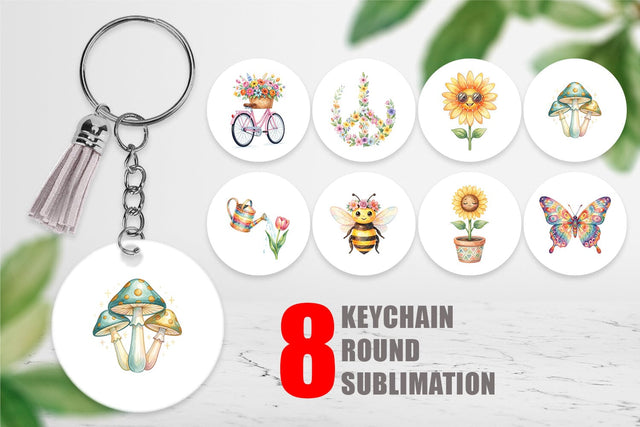 Keychain Watercolor Groovy Retro Floral Garden Sublimation artnoy 