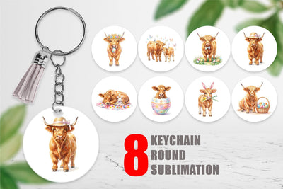 Keychain Watercolor Highland Cow Easter Sublimation artnoy 
