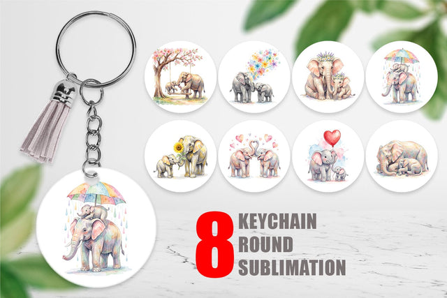 Keychain Watercolor Mom And Baby Elephant Love Art Sublimation artnoy 
