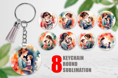 Keychain Watercolor Mom and Kid Sublimation artnoy 