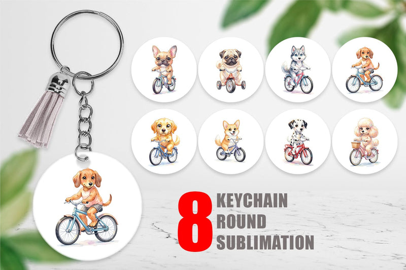 Keychain Watercolor Puppy Eye Dogs on Bicycle Sublimation artnoy 