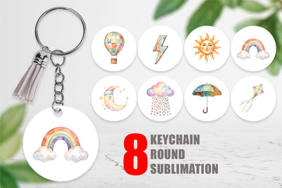 Keychain Watercolor Retro 70s Sun And Celestial Sublimation artnoy 