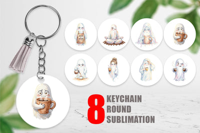 Keychain Watercolor Sarcastic Morning Coffee Ghost Sublimation artnoy 
