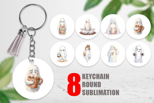Keychain Watercolor Sarcastic Morning Coffee Ghost Sublimation artnoy 