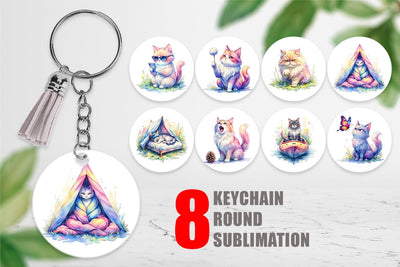Keychain Watercolor Sassy Sarcastic Camping Cat Sublimation artnoy 