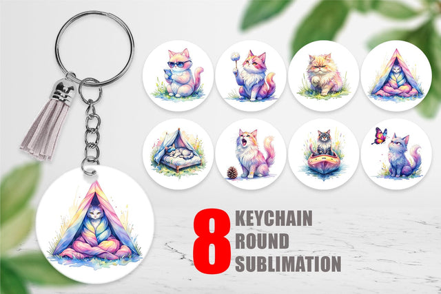 Keychain Watercolor Sassy Sarcastic Camping Cat Sublimation artnoy 