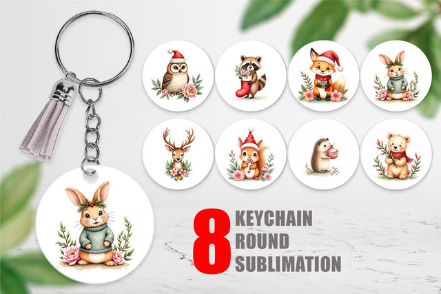 Keychain Watercolor Vintage Christmas Animals Sublimation artnoy 