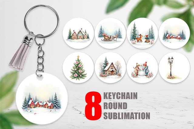 Keychain Watercolor Vintage Christmas Scenes Sublimation artnoy 