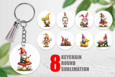 Keychain Whimsical Spring Garden Gnomes Easter Sublimation artnoy 
