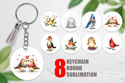 Keychain Whimsical Winter Birds Watercolor Sublimation artnoy 